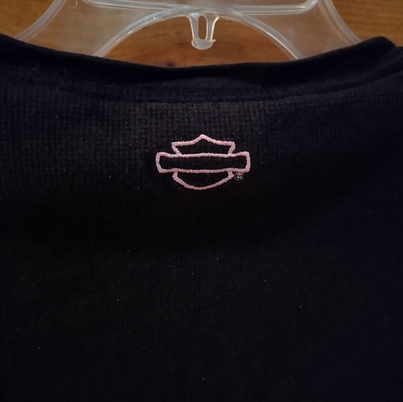 Harley Davidson Waffle Knit Scoop Neck Pullover Long Sleeve L Pink Black Cotton - Picture 9 of 10